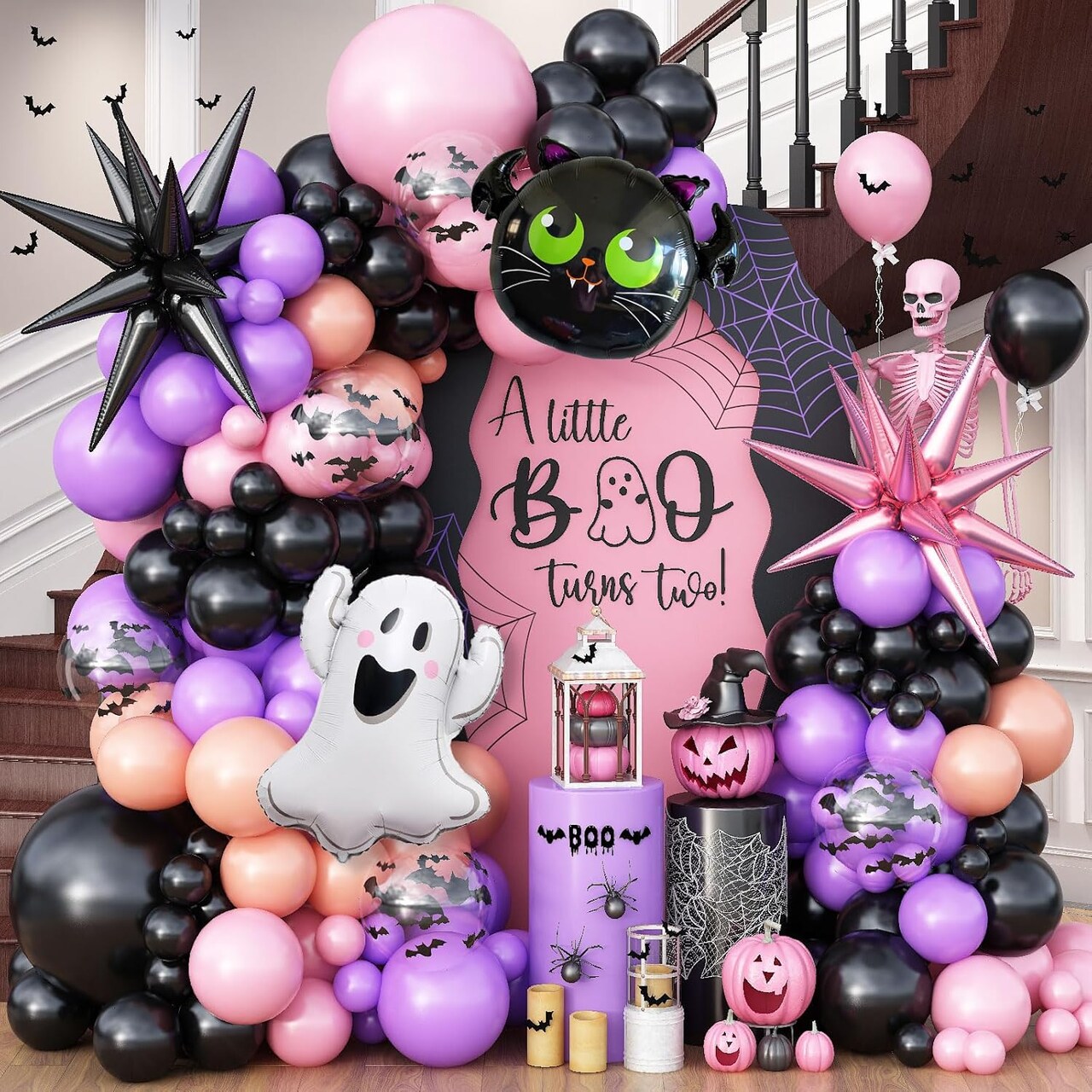 95PCS Halloween Balloon Garland Arch Kit – Pink Black Purple Balloons with Bat, Ghost Mylar Foil & Explosion Star Balloons for Halloween Party, Birthday & Baby Shower Decorations